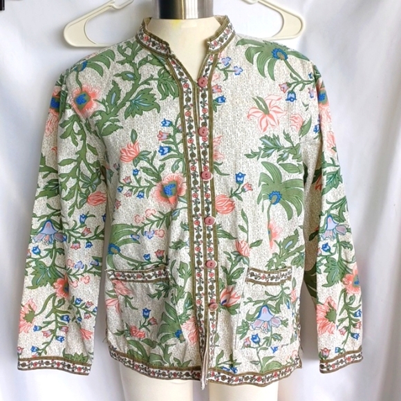 Tudor Court Blazer Floral Mandarin Collar Cotton Garden Asian Vintage, 20" PTP - Picture 1 of 9